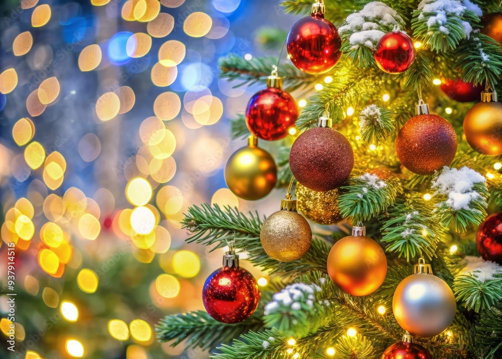 A vibrantly decorated Christmas tree with shimmering lights, ornaments, and pine branches takes center stage against a blurred background, exuding festive cheer and winter wonder.