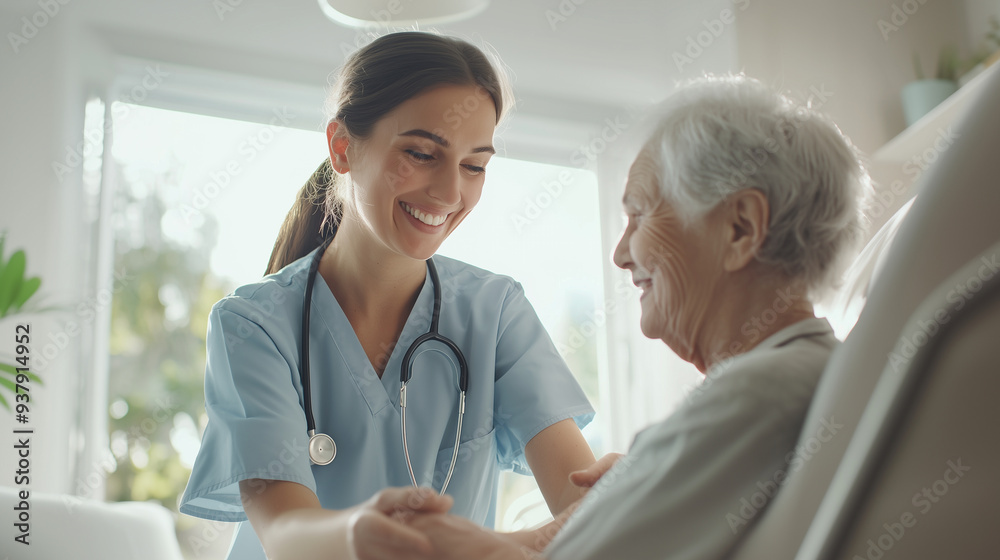 Obraz premium young nurse in uniform assisting a smiling elderly woman with gray hair, capturing the essence of caregiving and support, with a focus on the bond and trust between the patient and