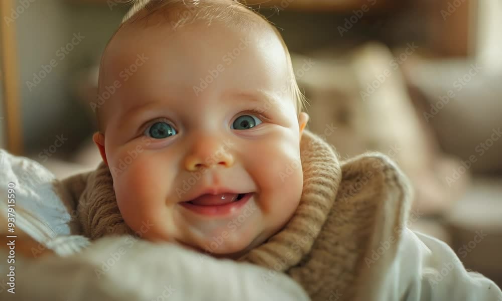 Joyful baby smiling while held close in a cozy living room setting Joyful baby smiling while held close in a cozy living room setting