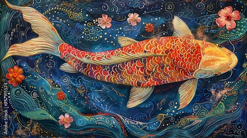 Giant koi fish in the sea, Madhubani Bharni style, graceful concept, traditional colors