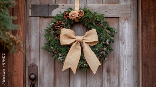 A large decorative bow made of burlap ribbon, tied on a rustic wreath hanging on a wooden door.