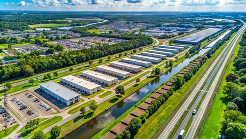 Bird's eye view of multi-story storage units near vacant lands, canal, and Interstate Highway 10 service road in industrial Little Woods, New Orleans, Louisiana.