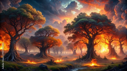 Blazing Inferno Erupts From An Ethereal Forest, Casting An Otherworldly Glow Upon Ancient Trees That Reach Towards The Fiery Sky