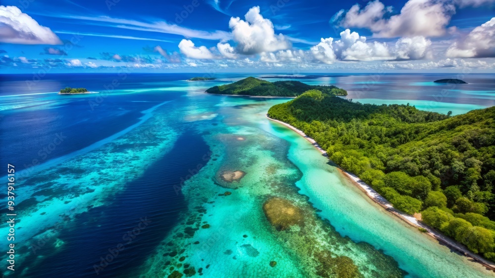 Fototapeta premium Breathtaking aerial view of a serene turquoise ocean surrounded by lush green islands and coral reefs, captured from a drone flying high above the waters.