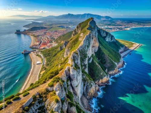 Breathtaking aerial view of Gibraltar's rugged coastline, with the Mediterranean Sea crashing against towering cliffs and rocky shores, set against a clear blue sky.