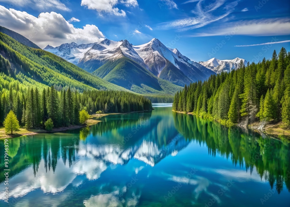 Breathtaking Kanas Lake surroundings showcase towering snow-capped mountains, lush green forests, and serene waters reflecting vibrant blue skies in Altay Region, Xinjiang, China.