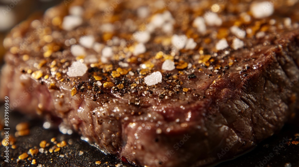 A macro shot of a steak's crust, highlighting the caramelized exterior with salt crystals and pepper flakes on top. A macro shot of a steak's crust, highlighting the caramelized exterior with salt crystals and pepper flakes on top.