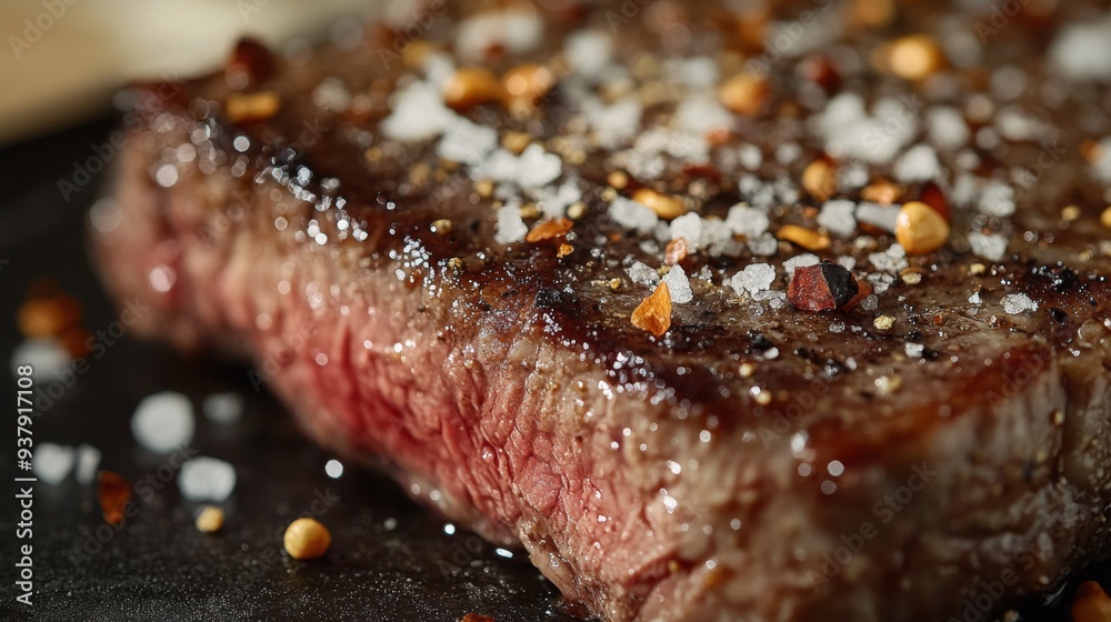 A macro shot of a steak's crust, highlighting the caramelized exterior with salt crystals and pepper flakes on top. A macro shot of a steak's crust, highlighting the caramelized exterior with salt crystals and pepper flakes on top.