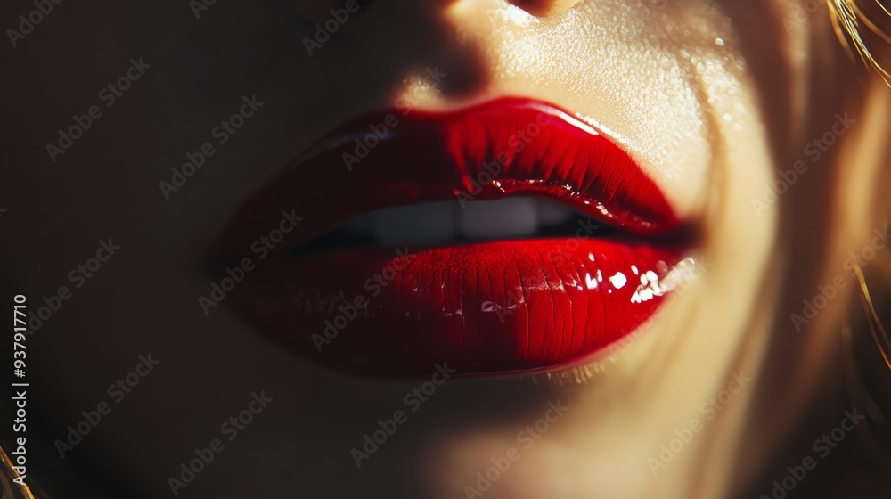 Obraz premium A macro shot of a woman's lips, with a smooth application of glossy red lipstick, capturing the vibrant color and shine.