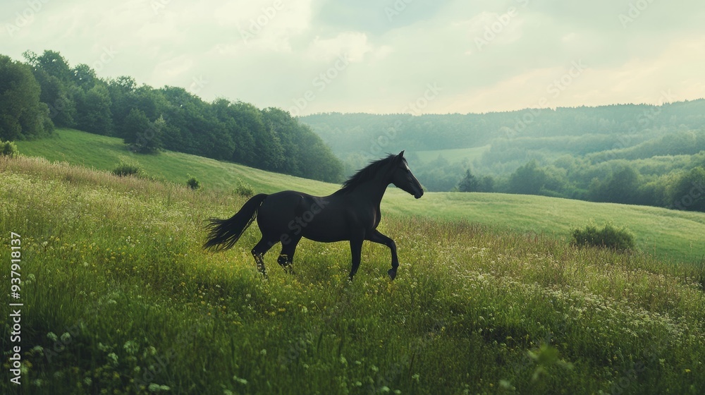 Lush Green Field: Elegant Horse Galloping Lush Green Field: Elegant Horse Galloping