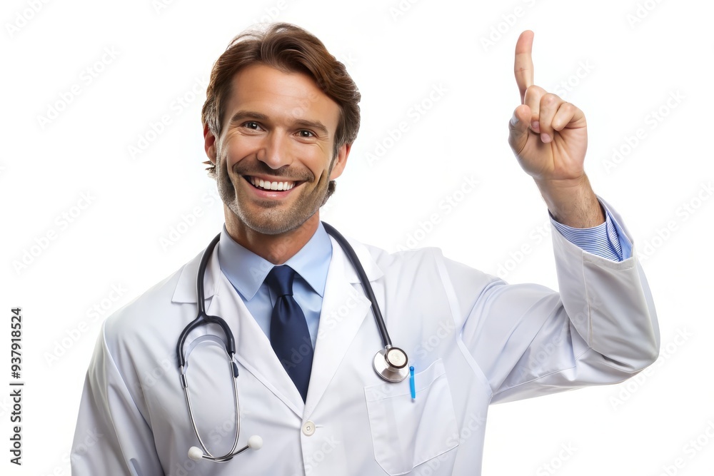 Clinical professional with a friendly smile, pointing upwards, standing against a pure white background, conveying trust, expertise, and enthusiasm for medical care and healthcare guidance. Clinical professional with a friendly smile, pointing upwards, standing against a pure white background, conveying trust, expertise, and enthusiasm for medical care and healthcare guidance.