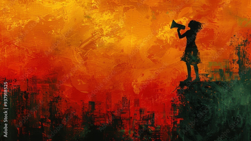 Fototapeta premium A dynamic image of a woman standing on a high ledge, megaphone in hand, her voice projecting loudly as she inspires the crowd below her to take action, woman empowerment concept, abstract