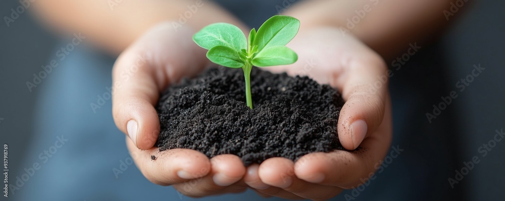 Hands cradle dark soil with a vibrant green seedling growing, symbolizing new life Hands cradle dark soil with a vibrant green seedling growing, symbolizing new life