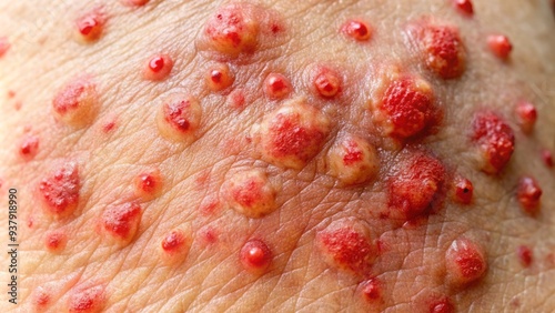 Close-up of an inflamed, irritated skin patch with red blotches, bumps, and blisters, representing a bothersome skin rash or allergic reaction. photo