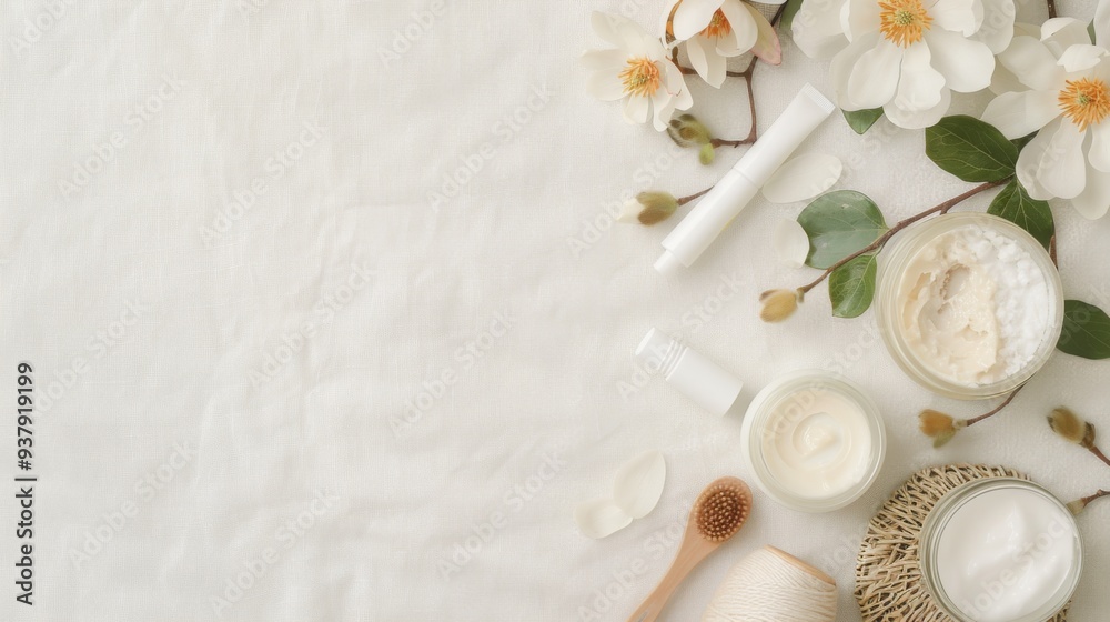 Spa Serenity, an elegant arrangement of natural skincare ingredients on white linen, featuring magnolia flowers, jars of oils, and cream tubes for a holistic experience. Spa Serenity, an elegant arrangement of natural skincare ingredients on white linen, featuring magnolia flowers, jars of oils, and cream tubes for a holistic experience.