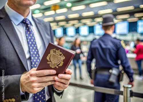 Close-up of a UK visa and passport being examined by an immigration officer at a busy airport terminal with a blurred background. photo