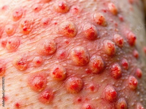 Close-up of inflamed skin with red, itchy patches and blisters, caused by fungal infection due to excess moisture and sweat, leading to severe dermatitis and discomfort. photo