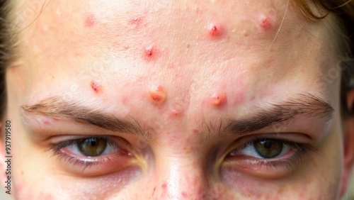 Close-up of inflamed whiteheads on forehead, surrounded by redness and pores, highlighting skin imperfections and acne concerns. photo