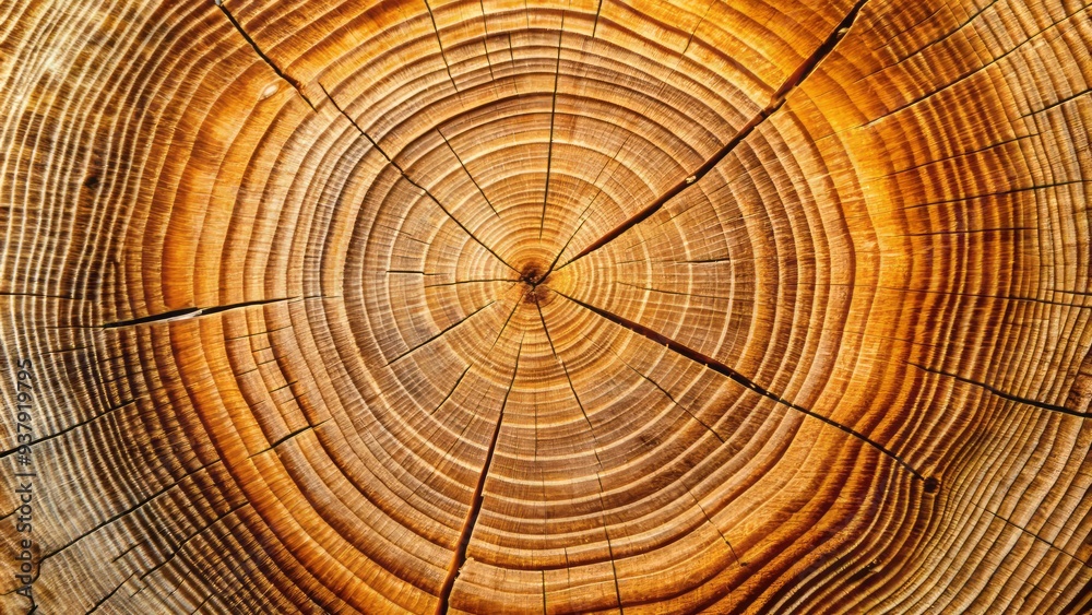 Fototapeta premium Close-up of wooden tree trunk's circular growth rings, showcasing natural patterns, knots, and weathered texture, with subtle cracks and ridges on the surface.