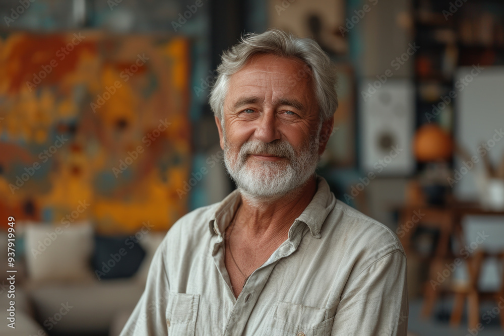 Elderly man smiling in cozy living room with plants Elderly man smiling in cozy living room with plants