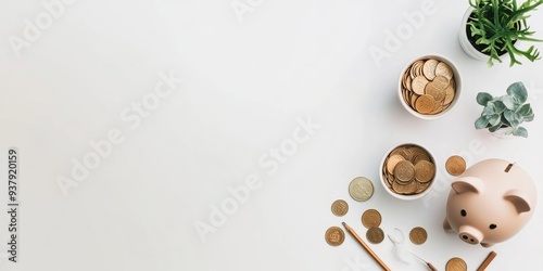 Clean White Desktop: Piggy Bank with Coins