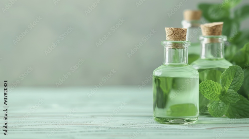 Mint Essence Display, a close-up of mint essential oil bottles alongside fresh mint leaves on a rustic wooden table, emphasizing a clean, minimalist aesthetic with ample space for text. Mint Essence Display, a close-up of mint essential oil bottles alongside fresh mint leaves on a rustic wooden table, emphasizing a clean, minimalist aesthetic with ample space for text.