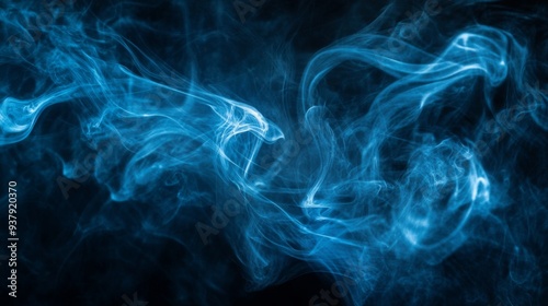 Abstract blue smoke swirling against a black background, mysterious and ethereal