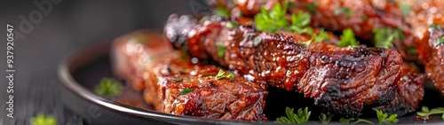 Savory Barbecue Brisket Showcase, a close-up view of succulent, smoky brisket with a caramelized crust, set against a minimalist background highlighting its mouthwatering texture.