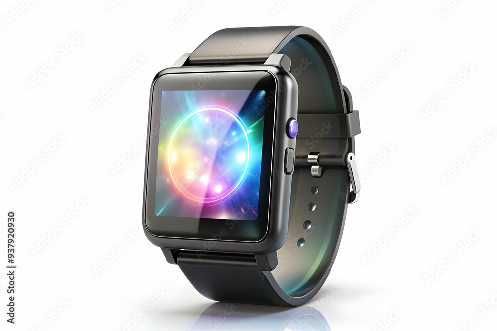 3D Smartwatch with Holographic Time Display concept as Vertical shot of a smartwatch on a white background with a glowing holographic time display floating above it creating a sleek Black Friday theme 3D Smartwatch with Holographic Time Display concept as Vertical shot of a smartwatch on a white background with a glowing holographic time display floating above it creating a sleek Black Friday theme
