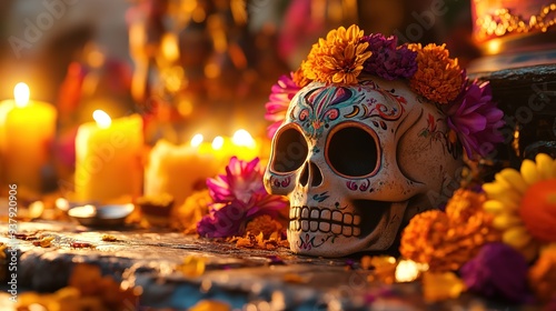 Day of the dead generates single guitar cartoon illustrations of skeletons and flowers,AI generated.