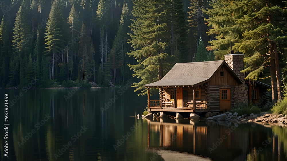 Fototapeta premium A rustic cabin by a tranquil lake, surrounded by a forest of tall pines. Background