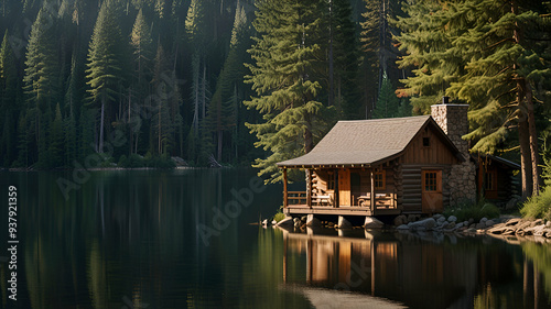 A rustic cabin by a tranquil lake, surrounded by a forest of tall pines. Background