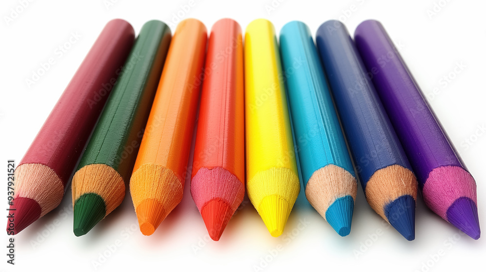 Brightly colored wooden pencils arranged in a row on a white background, emphasizing their sharp tips and vibrant hues. Brightly colored wooden pencils arranged in a row on a white background, emphasizing their sharp tips and vibrant hues.