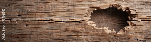 Wooden Wall Breakthrough, a close-up view of a hole in a wooden wall, showcasing a minimalist background and clean lines, emphasizing the contrast of textures and space. photo