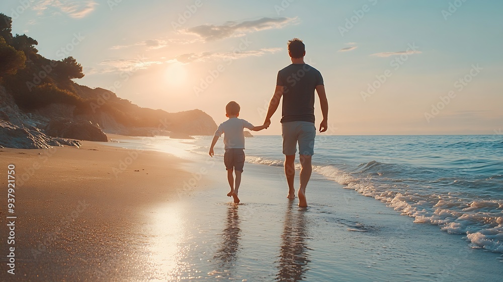 Family beach walk and back with dad holding child for fun relax and adventure on summer holiday Parents kids and travel with ocean waves love embrace and bonding in nature with lens fl : Generative AI Family beach walk and back with dad holding child for fun relax and adventure on summer holiday Parents kids and travel with ocean waves love embrace and bonding in nature with lens fl : Generative AI