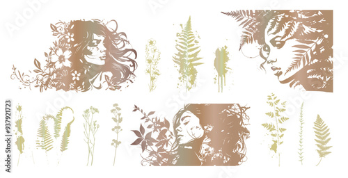 Detailed trendy design for natural products, wall art, social media, prints, invitations and branding design. Vector set of line drawings of decorated women's heads with flowers, plants and leaves.