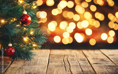 Wooden table against the background of a Christmas fireplace and festive lights of garlands on the Christmas tree. Winter and Christmas holidays concept. Wooden New Year's table