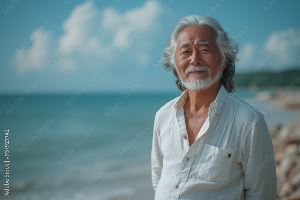 Senior man enjoying peaceful beach day with serene smile Senior man enjoying peaceful beach day with serene smile