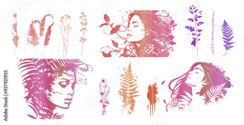 Detailed trendy design for natural products, wall art, social media, prints, invitations and branding design. Vector set of line drawings of decorated women's heads with flowers, plants and leaves.