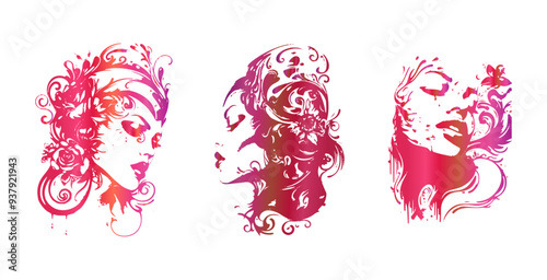 Detailed trendy design for natural products, wall art, social media, prints, invitations and branding design. Vector set of line drawings of decorated women's heads with flowers, plants and leaves.