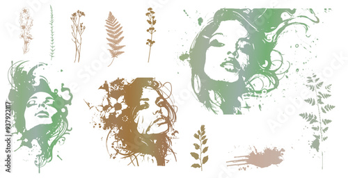 Detailed trendy design for natural products, wall art, social media, prints, invitations and branding design. Vector set of line drawings of decorated women's heads with flowers, plants and leaves.
