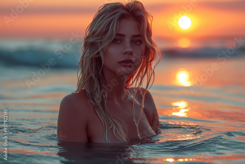 Serene young woman enjoys peaceful nude swimming in ocean at sunset, surrounded by warm, golden light and tranquil waters, embodying sense of freedom and harmony with nature photo