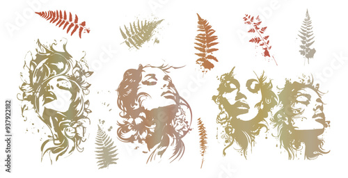 Detailed trendy design for natural products, wall art, social media, prints, invitations and branding design. Vector set of line drawings of decorated women's heads with flowers, plants and leaves.