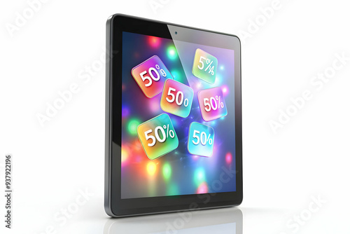 3D Tablet with Holographic Discount Tags concept as Vertical shot of a tablet standing on a white surface with glowing holographic discount tags floating around it creating a vibrant Black Friday them