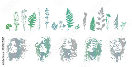 Detailed trendy design for natural products, wall art, social media, prints, invitations and branding design. Vector set of line drawings of decorated women's heads with flowers, plants and leaves.