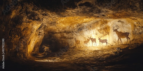 Dimly Lit Cave Interior: Prehistoric Cave Paintings of Ancient Wildlife photo