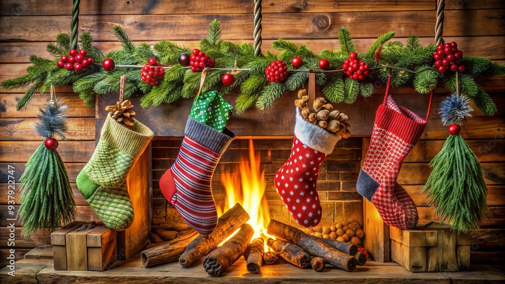 Fototapeta premium Colorful stockings hang from a rustic wooden mantel, adorned with festive holly and pinecones, next to a crackling fireplace on a winter morning.