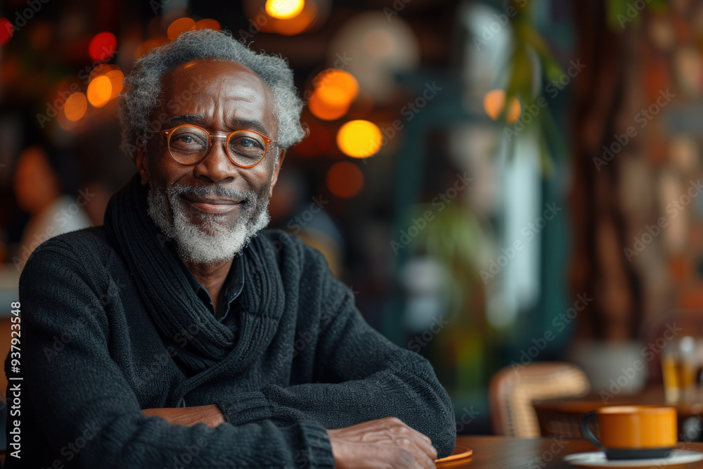 Smiling elderly man enjoying coffee in cozy cafe setting Smiling elderly man enjoying coffee in cozy cafe setting