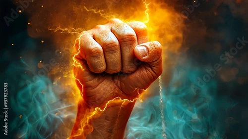 Fiery Determination: A clenched fist engulfed in a fiery blaze, symbolizing unyielding willpower and unwavering resolve. The image evokes a sense of strength, resilience, and burning passion. photo