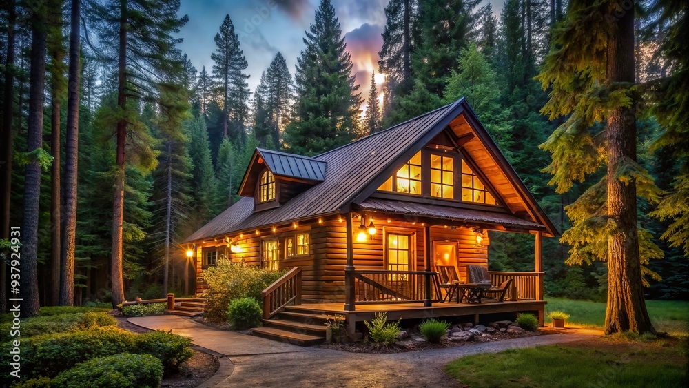 Cozy rustic cabin surrounded by tall trees and lush greenery, with warm lighting, wooden porch, and inviting atmosphere, perfect for a relaxing family getaway. Cozy rustic cabin surrounded by tall trees and lush greenery, with warm lighting, wooden porch, and inviting atmosphere, perfect for a relaxing family getaway.